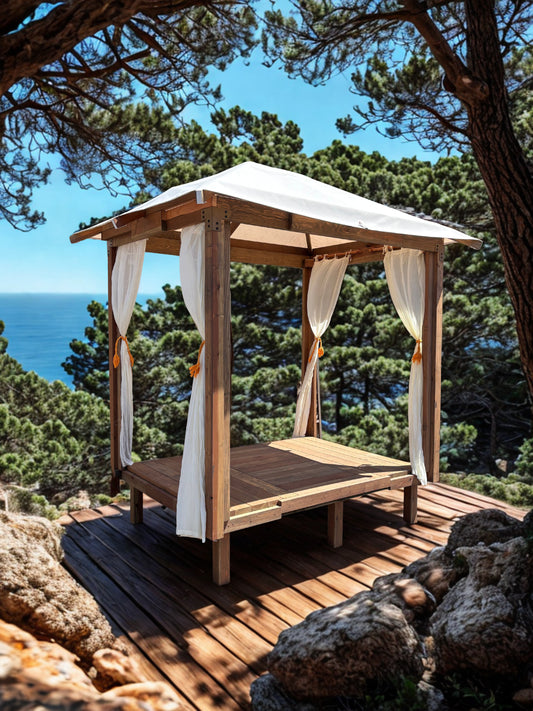 5'x7' Ciesta Cazita with Redwood Deck. Includes Sheer Curtains Hip Roof Canopy.