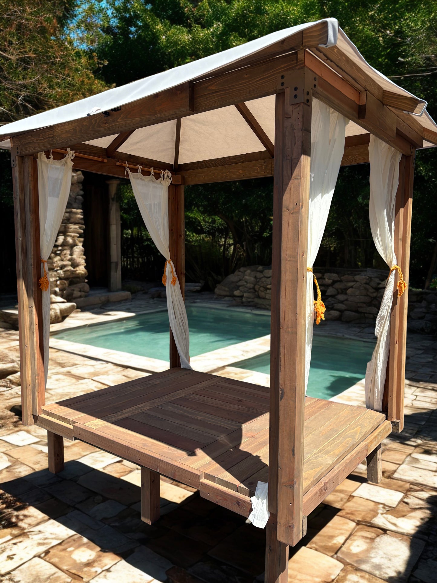 5'x7' Ciesta Cazita with Redwood Deck. Includes Sheer Curtains Hip Roof Canopy.