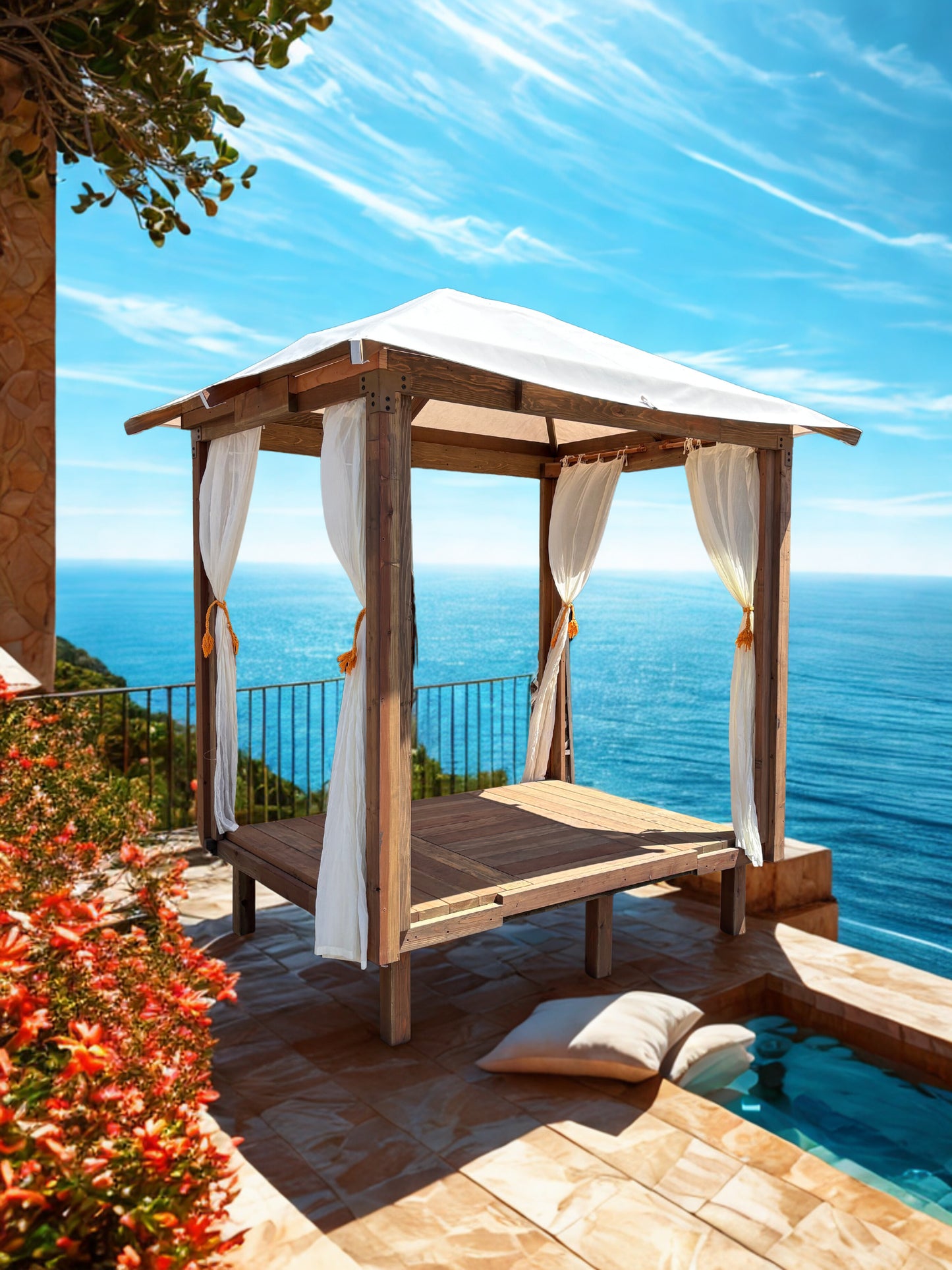 5'x7' Ciesta Cazita with Redwood Deck. Includes Sheer Curtains Hip Roof Canopy.