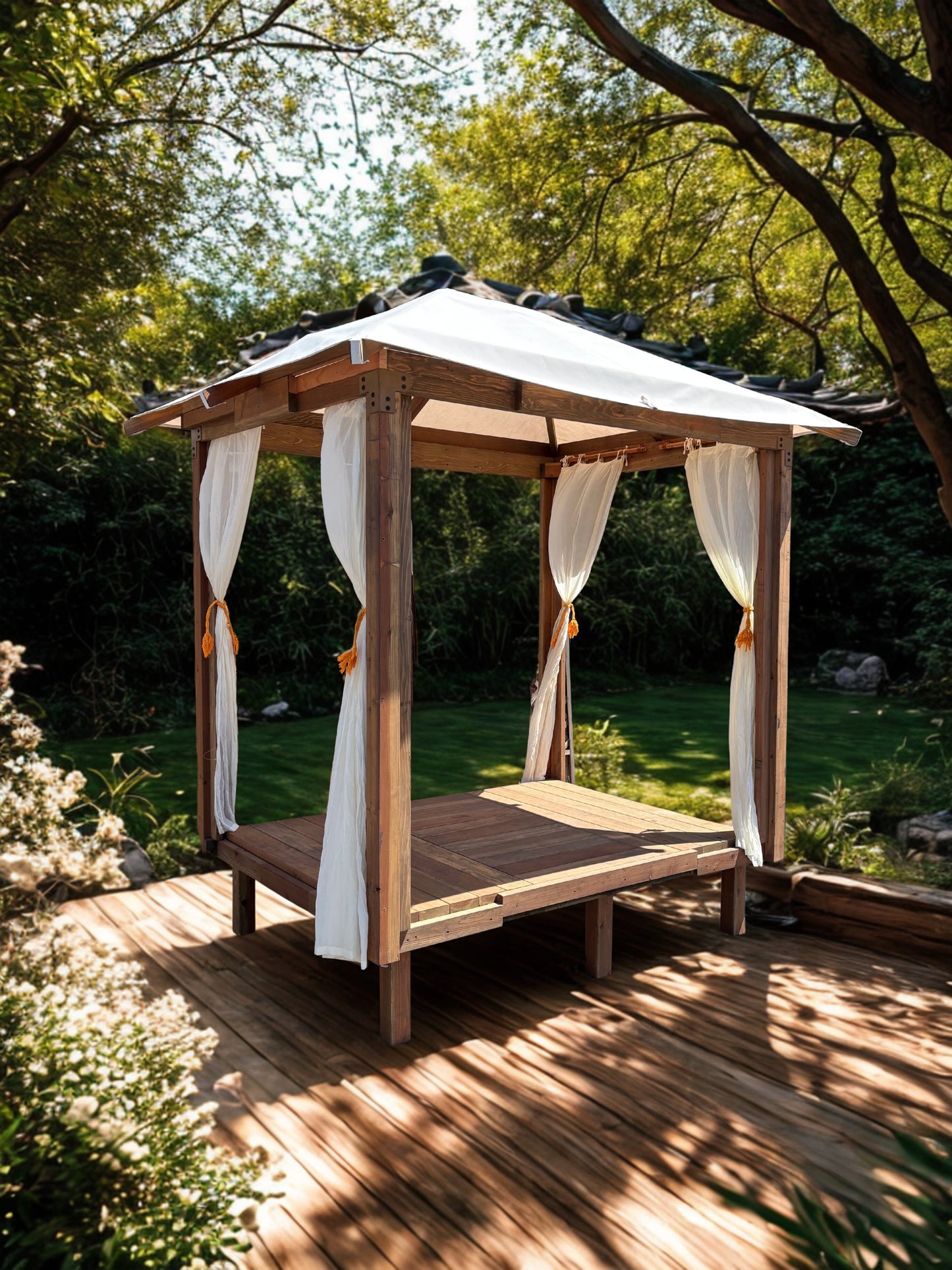 5'x7' Ciesta Cazita with Redwood Deck. Includes Sheer Curtains Hip Roof Canopy.